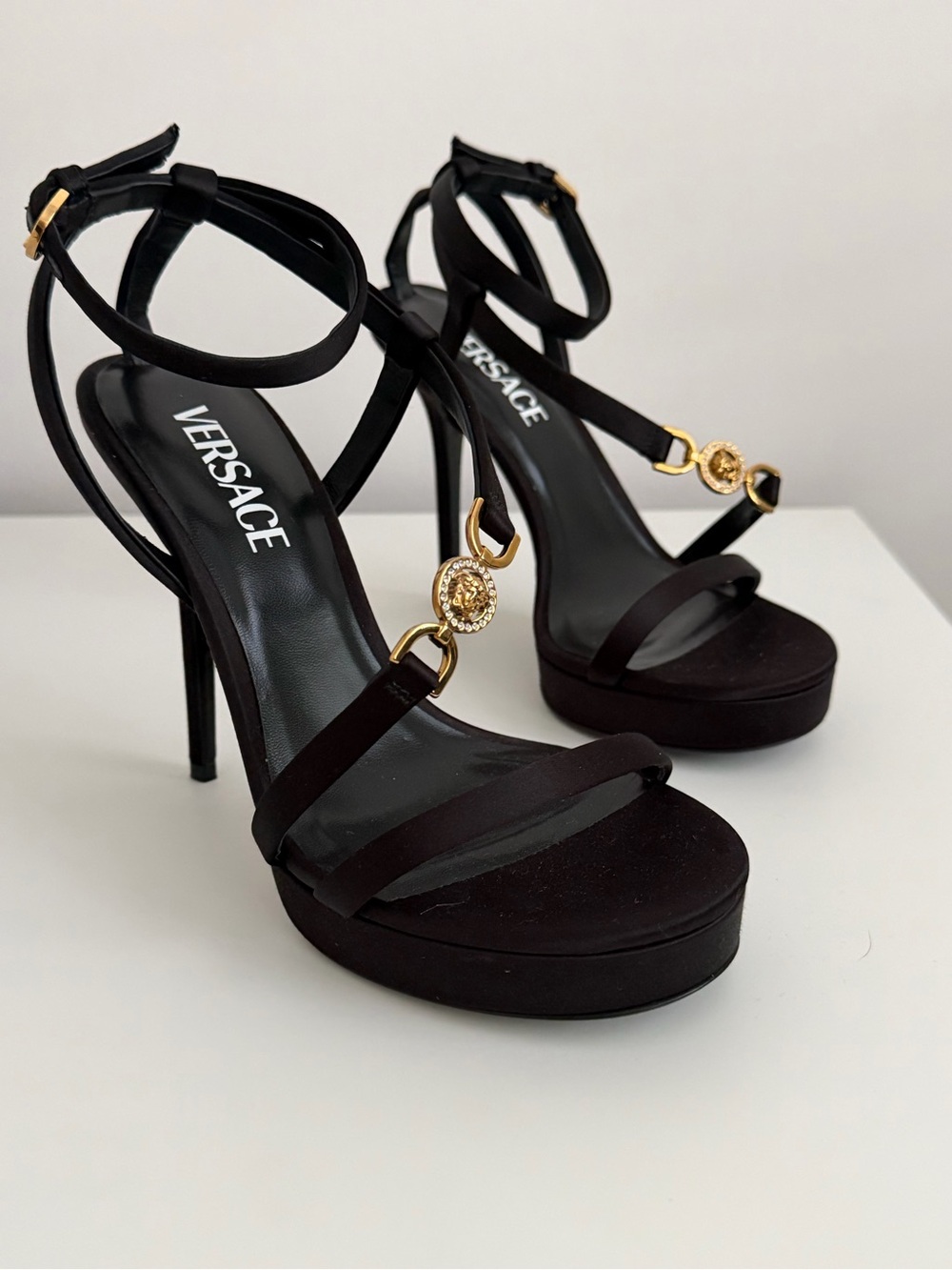 Versace Black Ankle-Strap Heels with Gold Medallion Medusa Platform Sandals